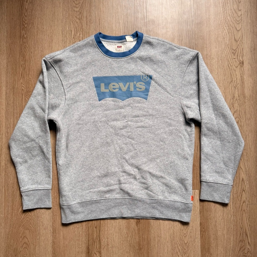 Levi's Men's Gray Blue Logo Fleece Pullover Sweatshirt Crew Neck Long Sleeve S